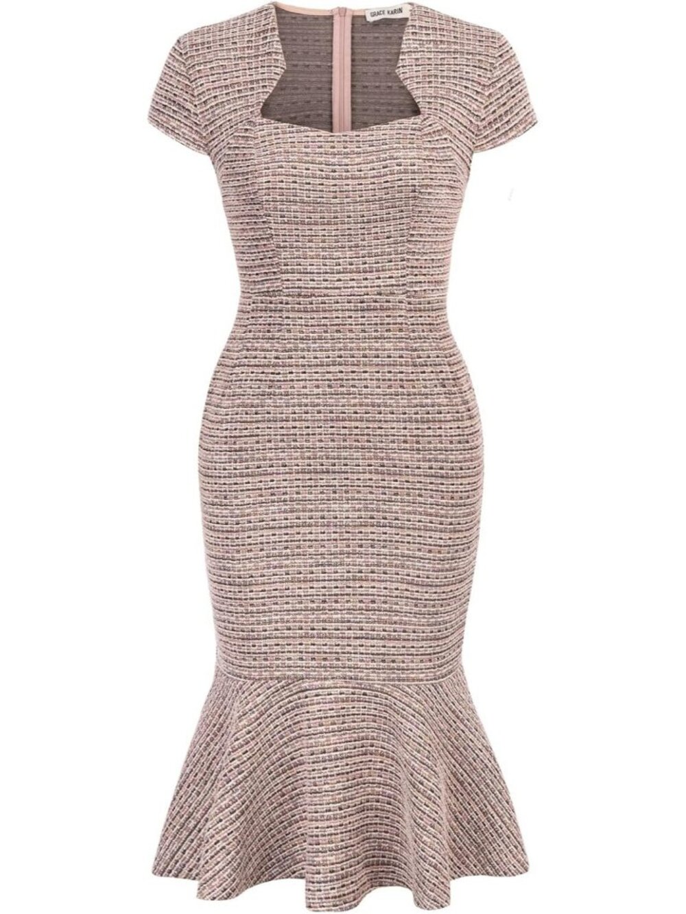 Women's Pink Cotton Blend Stretch Fabric Knee-Length Cap Sleeves Midi Bodycon